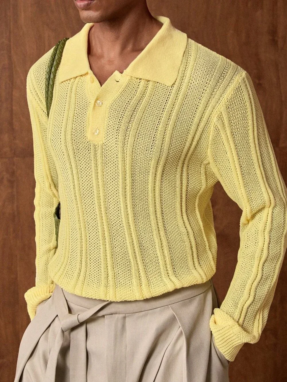Light Yellow Casual Men's Long Sleeve Polo Sweater